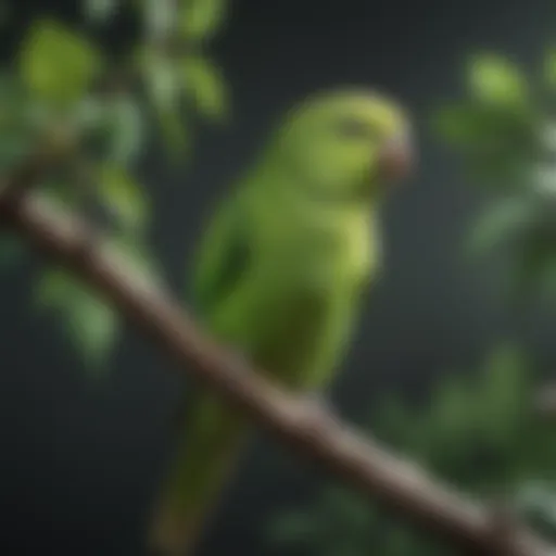 A vibrant green parakeet perched on a branch