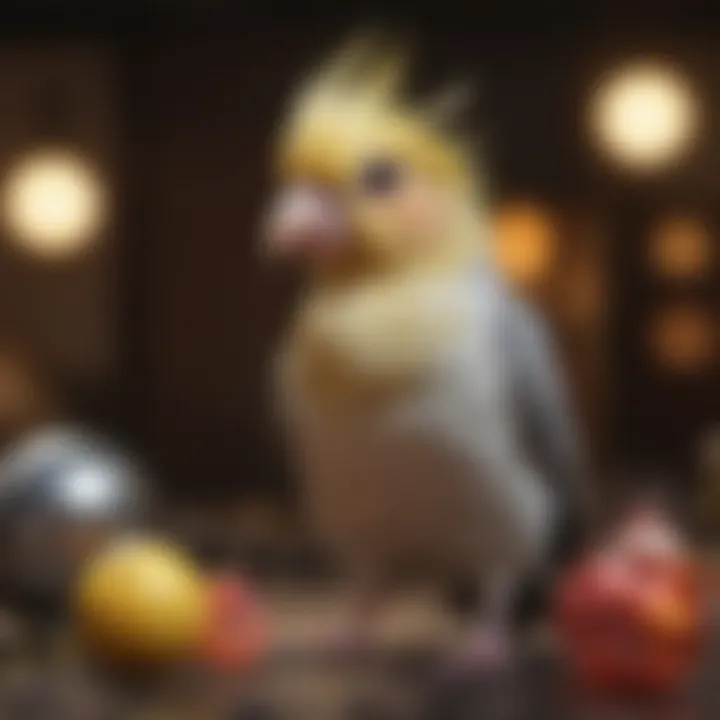 Playful Cockatiel interacting with toys