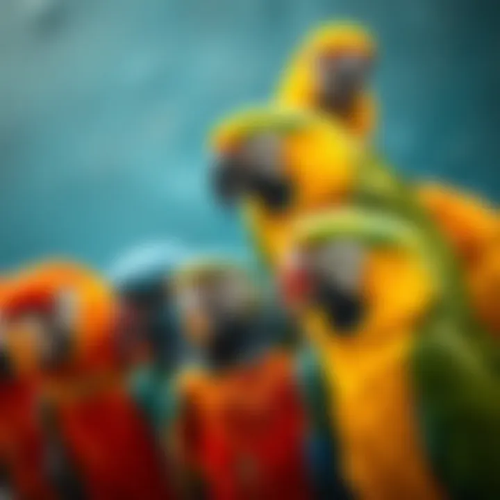 A colorful array of parrot species displayed together showcasing their diversity