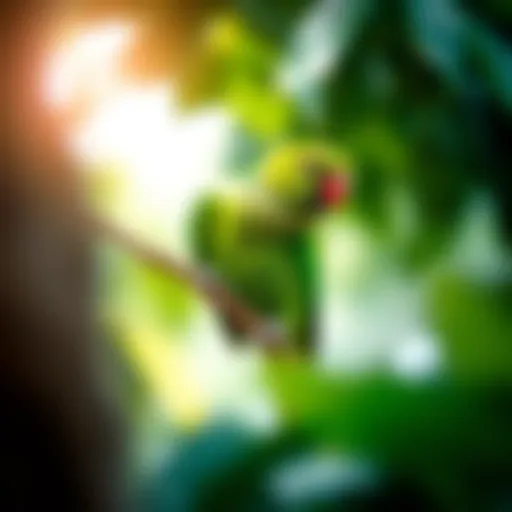 A vibrant green parrot perched on a branch in its natural habitat