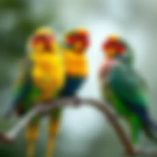 Colorful parakeets perched on a branch