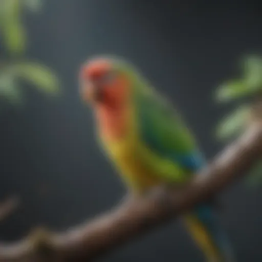 A vibrant parakeet perched on a branch