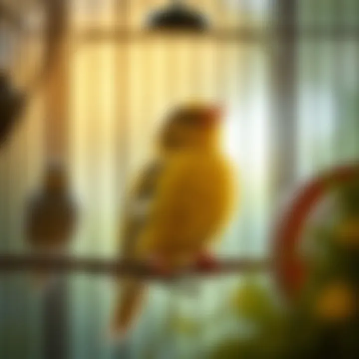 A tranquil setting with a canary singing in its cage.