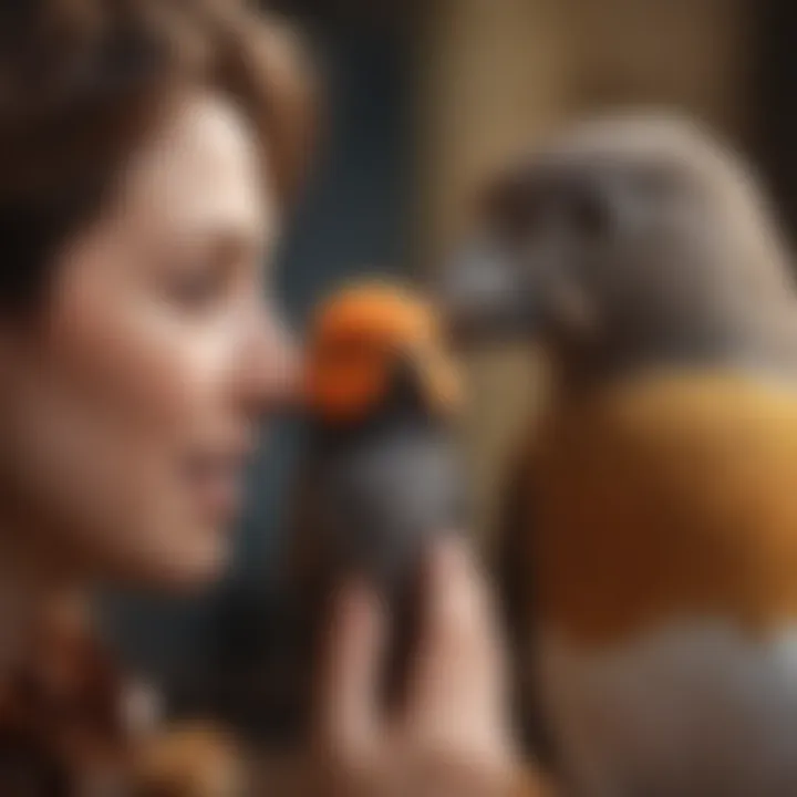 A close-up of a bird owner interacting affectionately with their pet