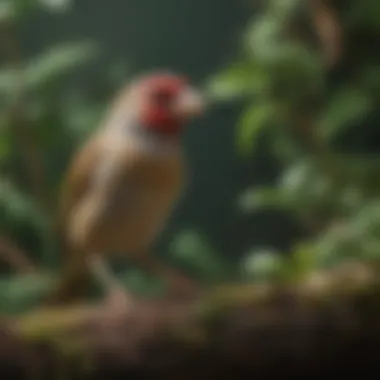 A serene scene of a finch in a lush aviary, highlighting its delicate features.