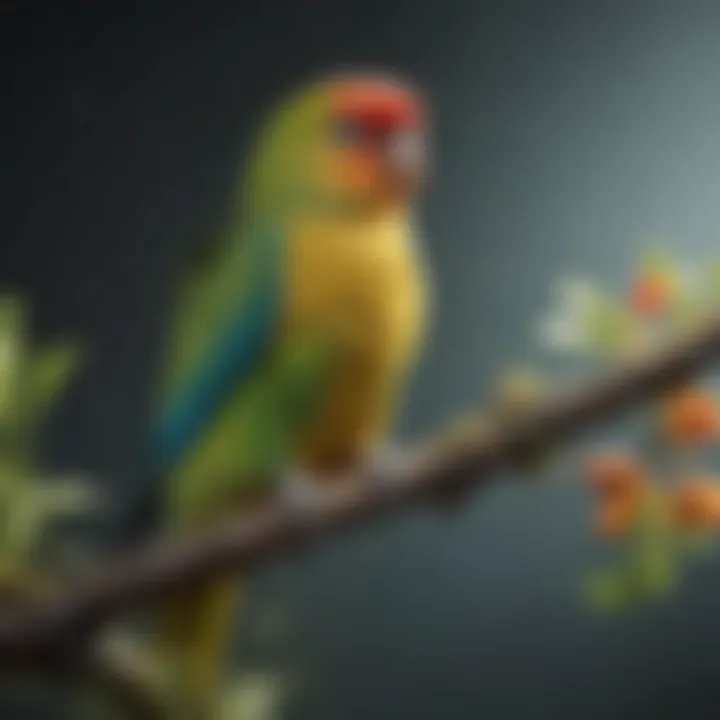 A vibrant parakeet perched on a branch, showcasing its colorful plumage.