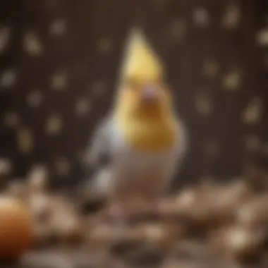 Playful representation of a cartoon cockatiel surrounded by musical notes