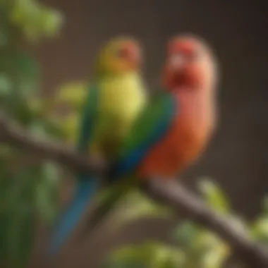 Vibrant cartoon parakeet perched on a colorful branch