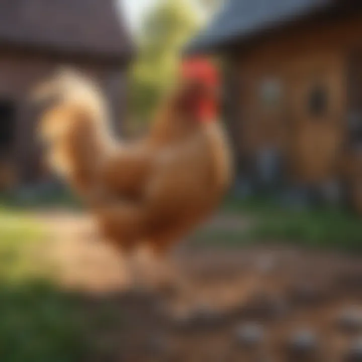 Whimsical illustration of a cartoon chicken in a farm setting