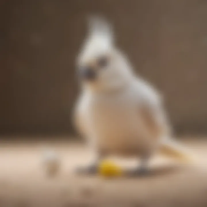 A fluffy white cockatiel joyfully playing with a toy