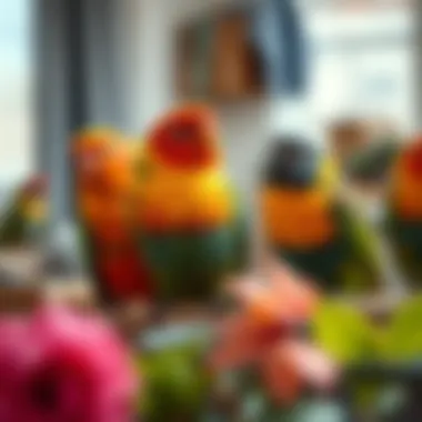 Colorful pet birds perched together in a cozy environment