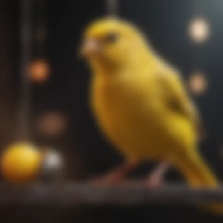 Canary engaging with a swinging perch toy in its cage.