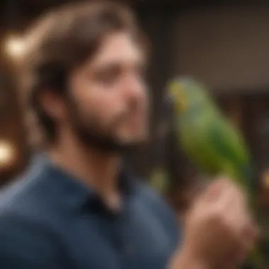 An attentive owner bonding with a singing parakeet during training