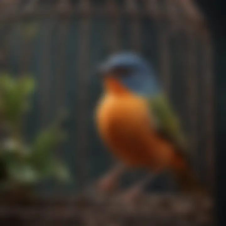 Close-up of vibrant bird inside a well-designed cage