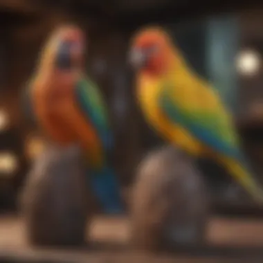 Colorful pet birds perched together