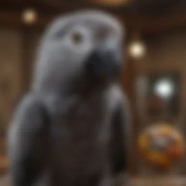 African Grey parrot engaging with toys in its spacious aviary.