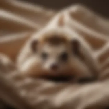 A close-up of a hedgehog resting on a bed of soft bedding.