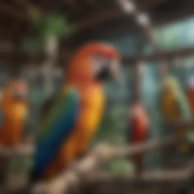 A spacious indoor aviary filled with colorful birds