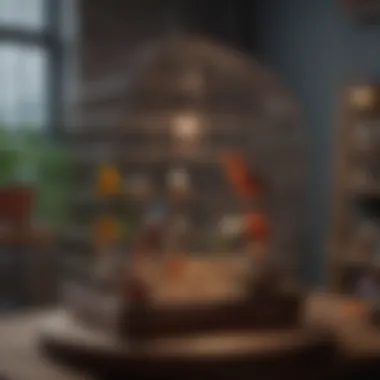 A well-organized bird cage with toys and feeding stations.
