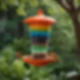 A colorful jelly bird feeder hanging in a garden, attracting various birds.