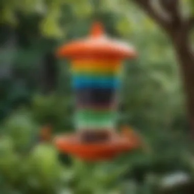 A colorful jelly bird feeder hanging in a garden, attracting various birds.