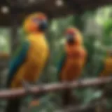 A spacious aviary filled with vibrant tropical birds