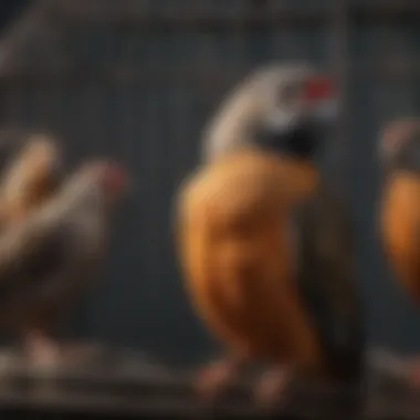 A detailed close-up of the features and accessories in a large bird cage.