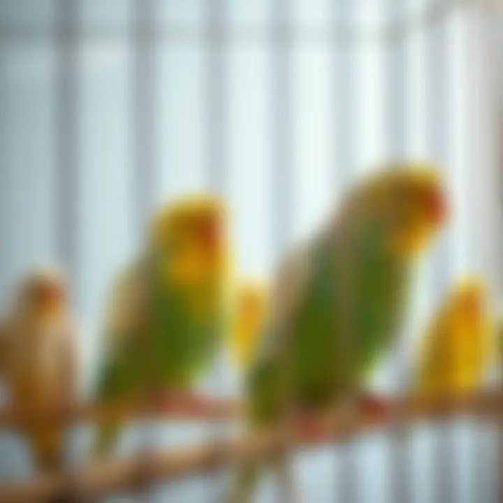 Healthy budgies playing in a large cage