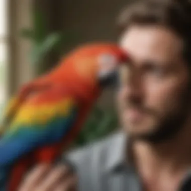 An elegant macaw interacting with its owner, illustrating the bond between bird and caregiver.