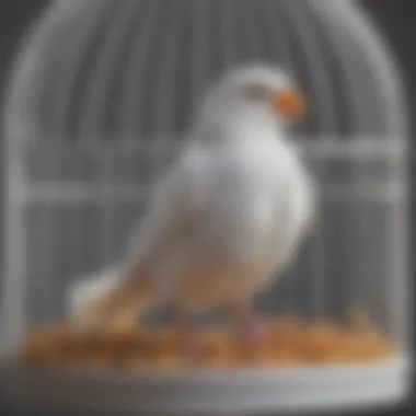 A vibrant pet bird happily perched inside a large white cage.