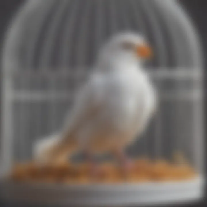 A vibrant pet bird happily perched inside a large white cage.