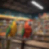 Colorful parrots perched in a vibrant pet store setting