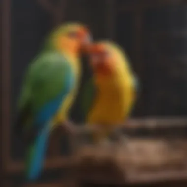 A close-up view of essential features in a love bird cage, including perches and toys.