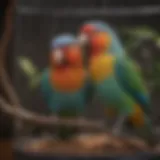 Colorful love birds perched playfully in a cage