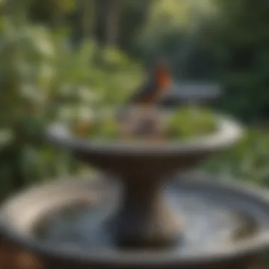 A detailed close-up of a bird bath with water and decorative features