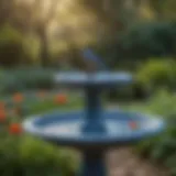 Elegant blue bird bath nestled in a vibrant garden setting