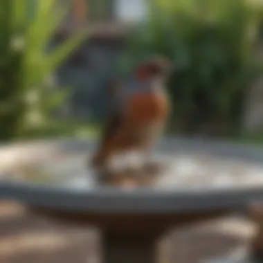 Close-up of energy-efficient features of a heated bird bath