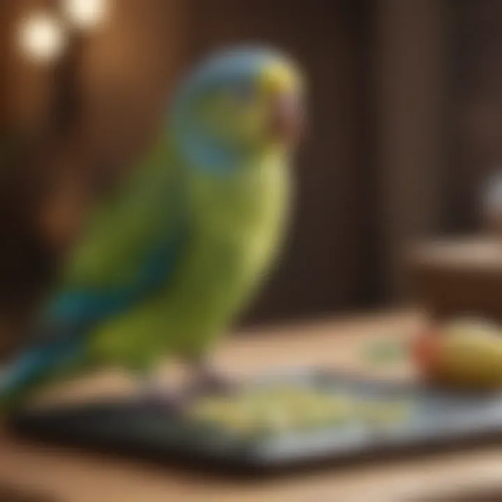 A parakeet engaging with a tablet, showcasing the fun of digital interaction.