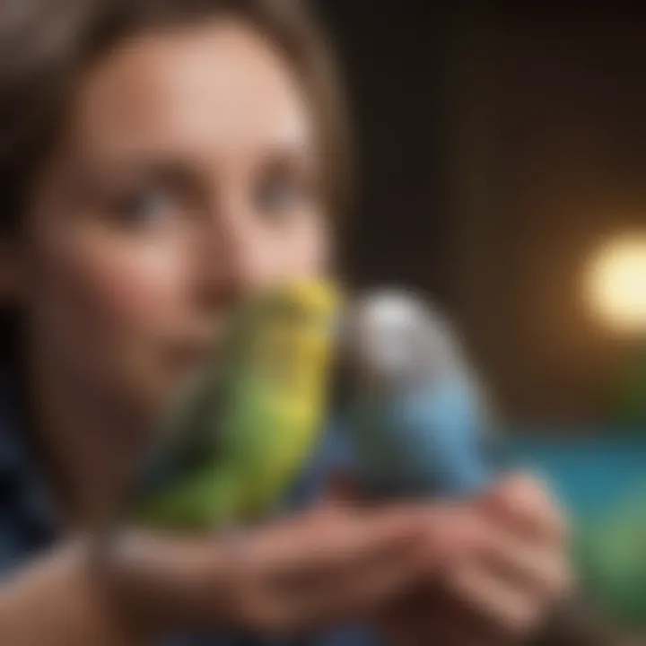 A curious budgie interacting with its owner