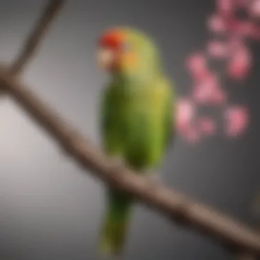 A vibrant parakeet perched on a branch, showcasing its colorful feathers and playful demeanor.