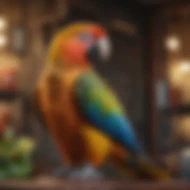 The Intelligent Parrot: A Colorful Conversationalist A majestic parrot perched on a stand, exuding intelligence and beauty, surrounded by an enriching environment.