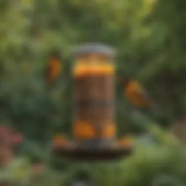 Different styles of oriole feeders showcased in a garden setting.