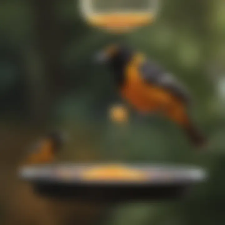 An illustrated guide depicting the optimal placement of oriole feeders.