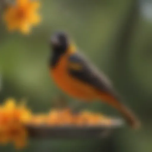 A stunning oriole perched on a vibrant feeder filled with nectar