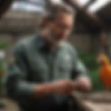 A caretaker performing maintenance inside an aviary