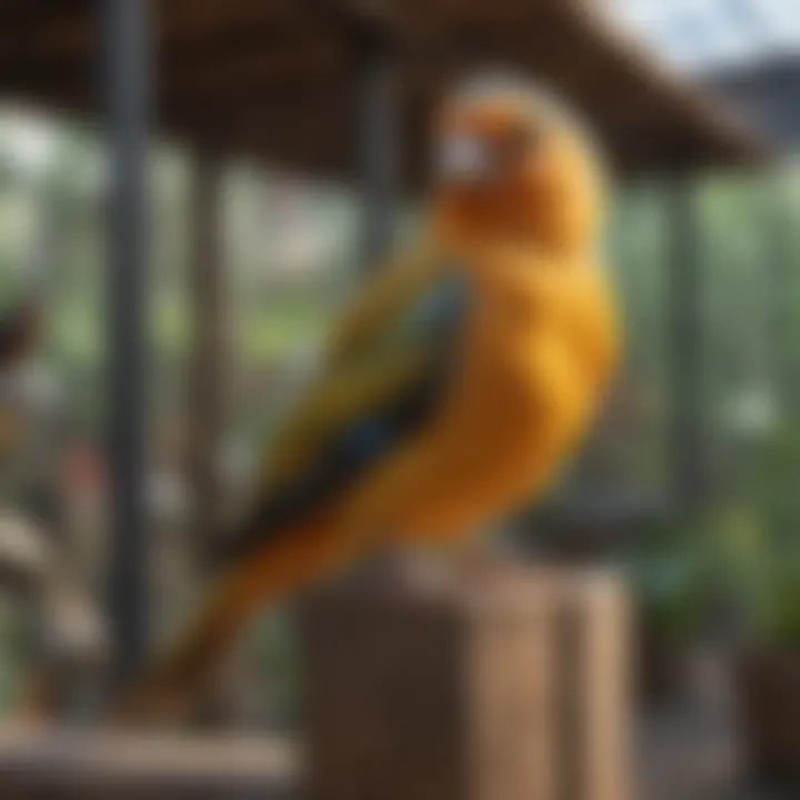 A variety of birds enjoying their outdoor aviary environment