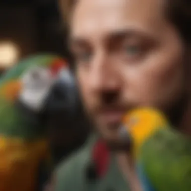 A close-up view of a parrot interacting with its owner, demonstrating social behavior