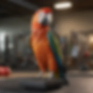 A parrot engaging in playful activities on a gym stand, demonstrating the importance of physical activity.