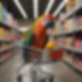 A vibrant parrot perched on a colorful toy in an online shopping cart