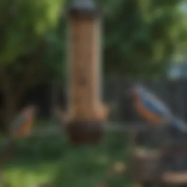 Bird owners setting up feeders in a backyard